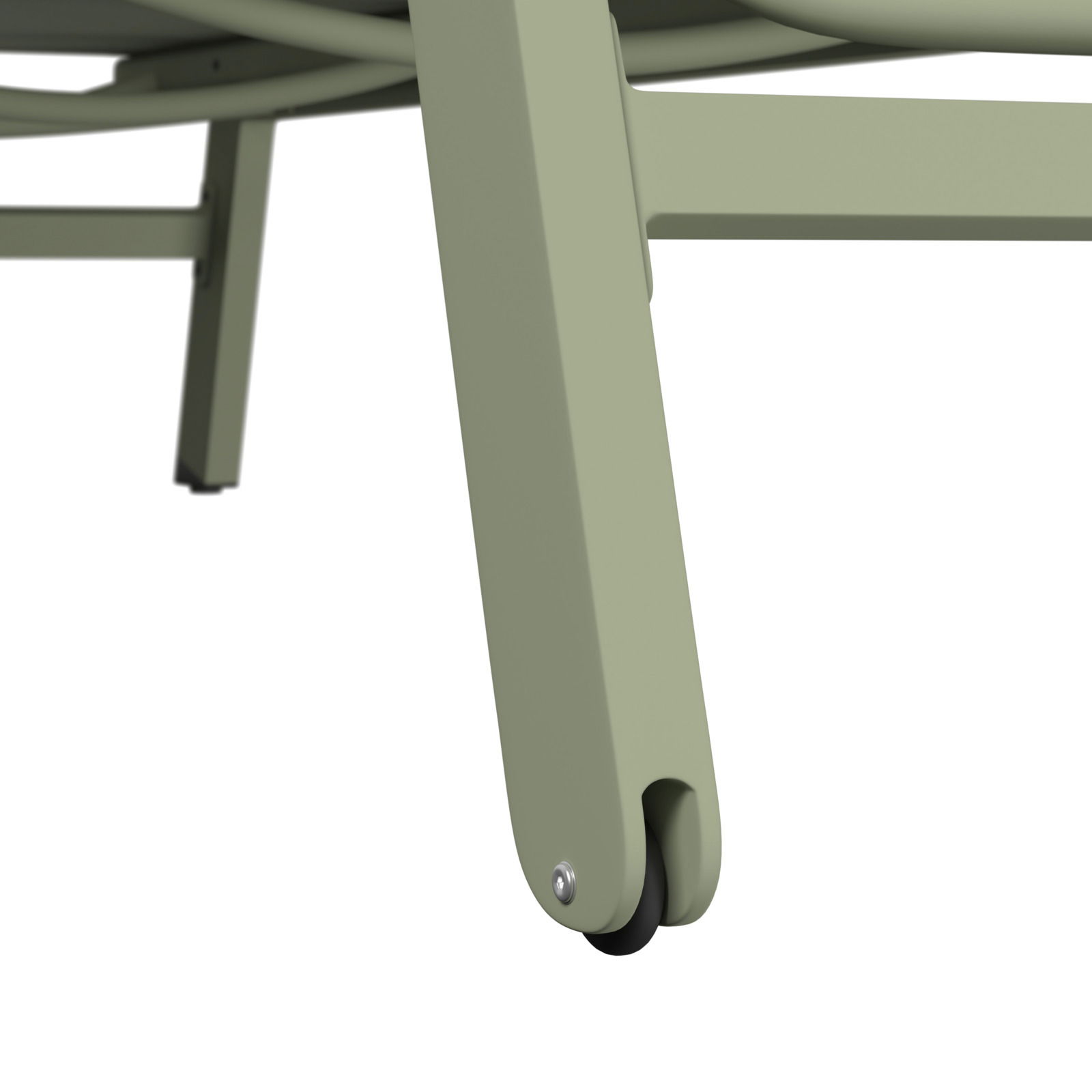 Nahaufnahme eines grünen Sonnenliegenbeins mit Rad, seitliche Perspektive