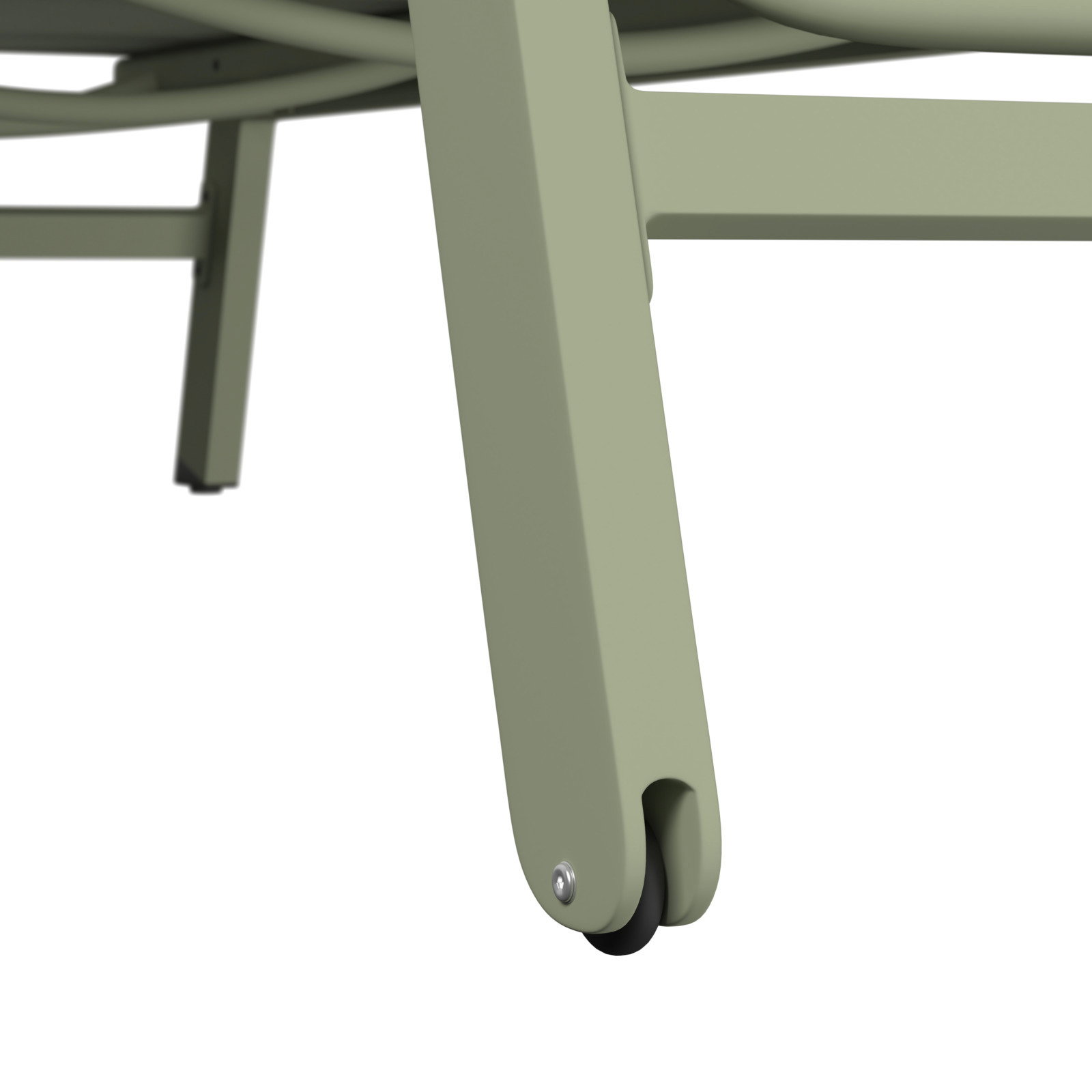 Nahaufnahme eines grünen Sonnenliegenbeins mit Rad, seitliche Perspektive