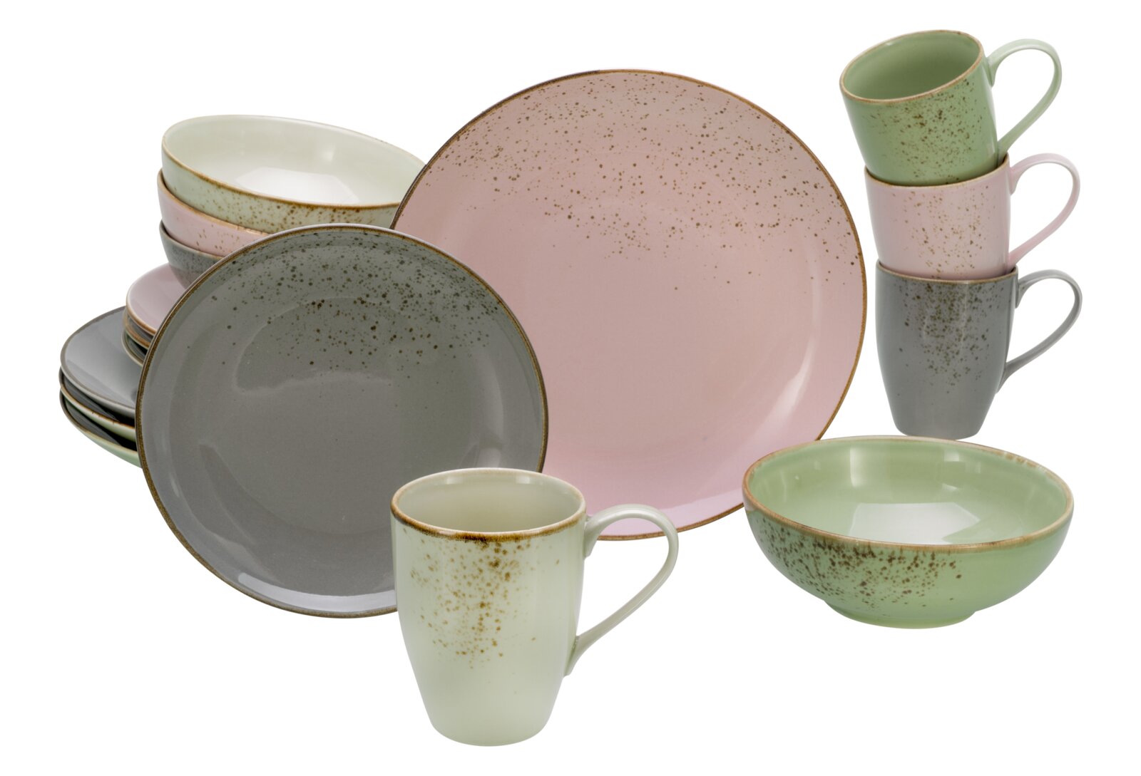Keramik-Geschirrset im gesprenkelten Stoneware-Look mit Tellern, Schalen und Tassen in Pastellfarben (Rosa, Grün, Grau) vor weißem Hintergrund, frontal in leichter Draufsicht