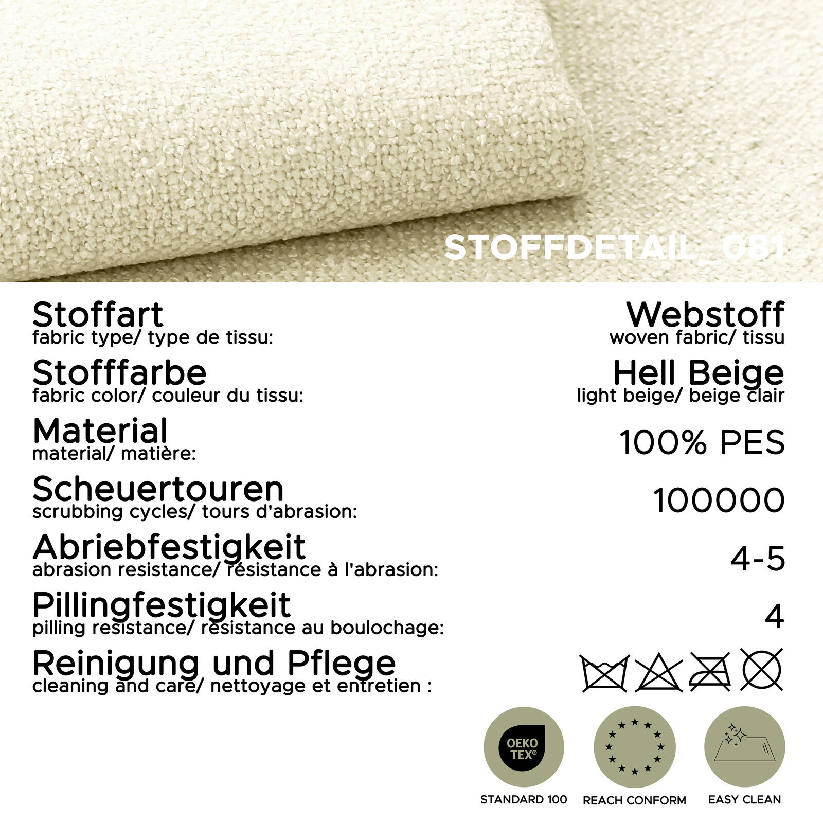 Nahaufnahme/Detailansicht von hellbeigem Webstoff (100% PES) mit Stoffdaten: 100.000 Scheuertouren, Abriebfestigkeit 4–5, Pillingfestigkeit 4, inkl. Pflegehinweisen und Zertifikaten (OEKO-TEX Standard 100, REACH conform, Easy Clean)