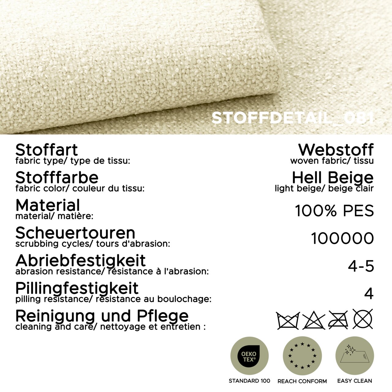 Nahaufnahme/Detailansicht von hellbeigem Webstoff (100% PES) mit Stoffdaten: 100.000 Scheuertouren, Abriebfestigkeit 4–5, Pillingfestigkeit 4, inkl. Pflegehinweisen und Zertifikaten (OEKO-TEX Standard 100, REACH conform, Easy Clean)