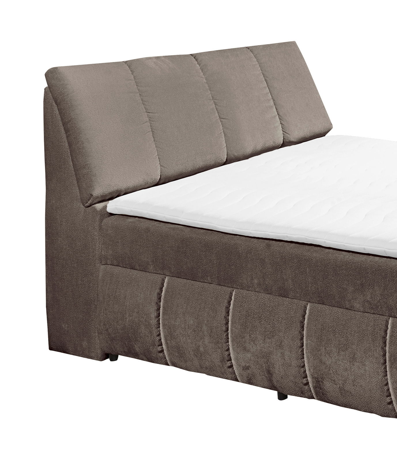 Boxspringbett in seitlicher Perspektive mit gepolstertem Kopfteil und weißer Matratze