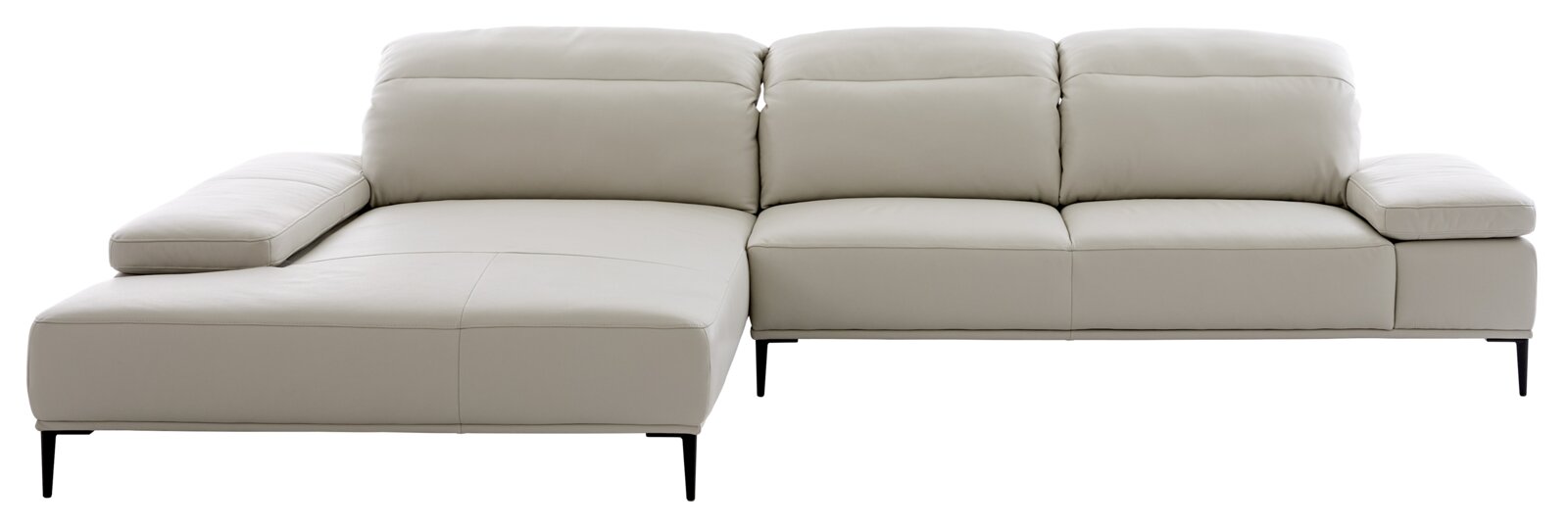 Beige lederen longchair-set met linkerarmleuning, gezien vanaf de voorkant.