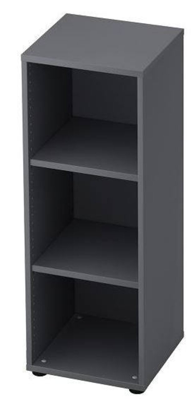 Graues Regal mit drei offenen Fächern, perspektivisch von vorne links gesehen.