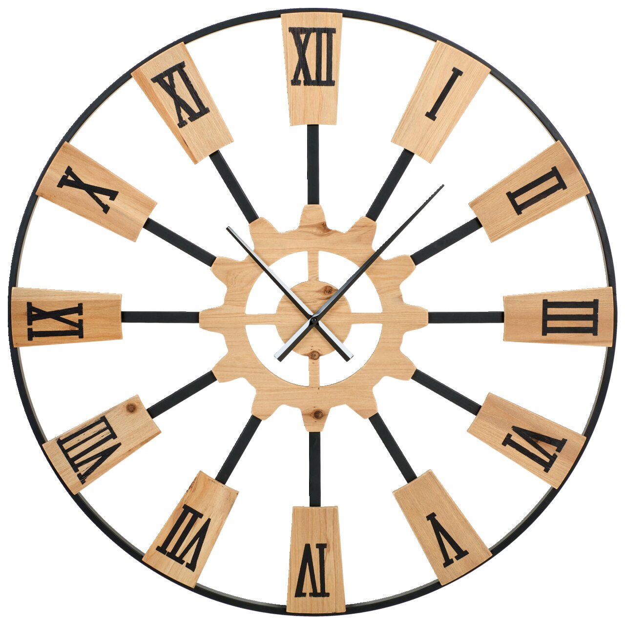 Moderne Wanduhr mit römischen Ziffern und Holzdesign, frontal abgebildet.