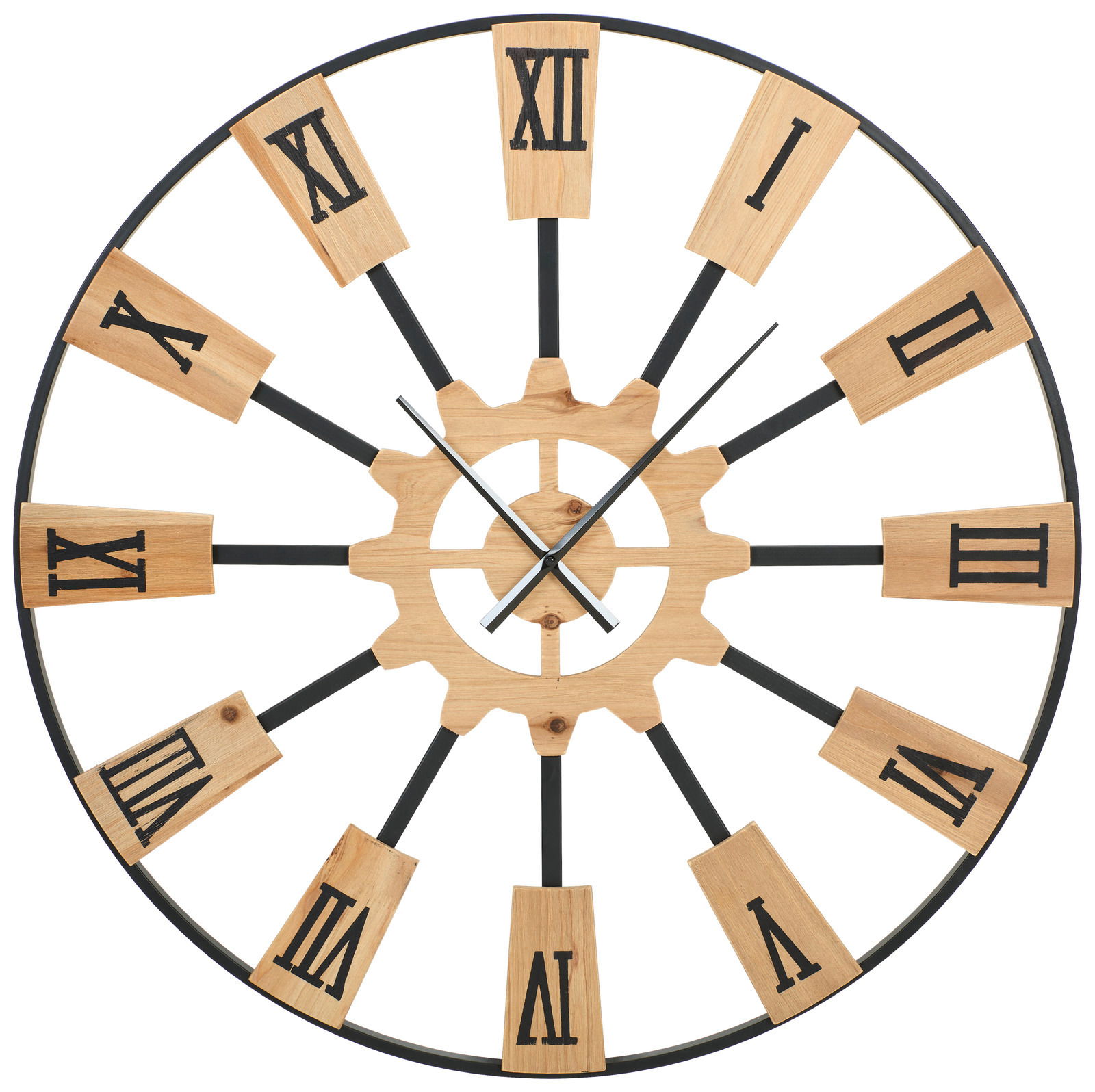 Moderne Wanduhr mit römischen Ziffern und Holzdesign, frontal abgebildet.
