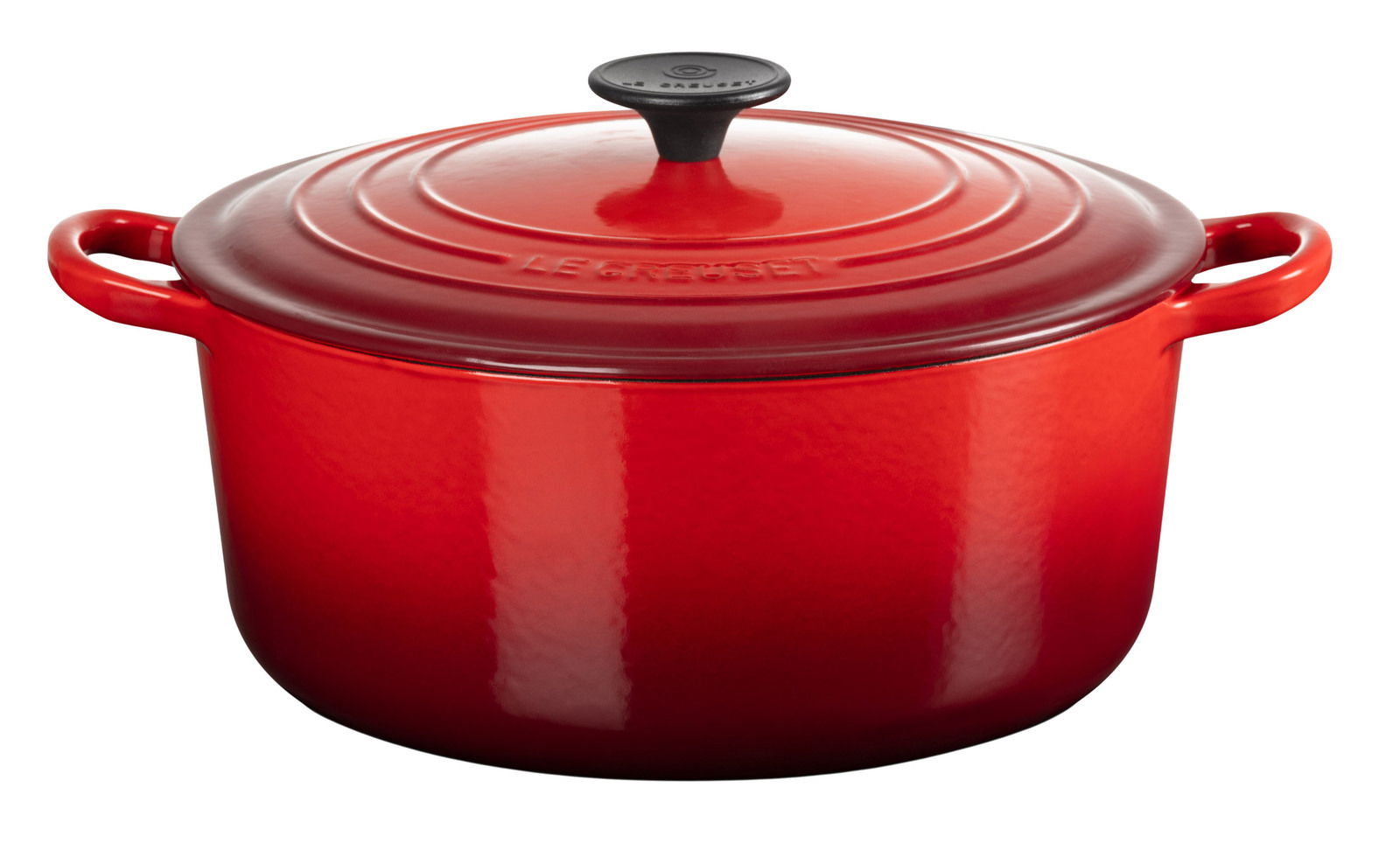 LE CREUSET Bräter 26cm Kirschrot TRADITION Roter Bräter mit Deckel und seitlichen Griffen, Ansicht von schräg oben