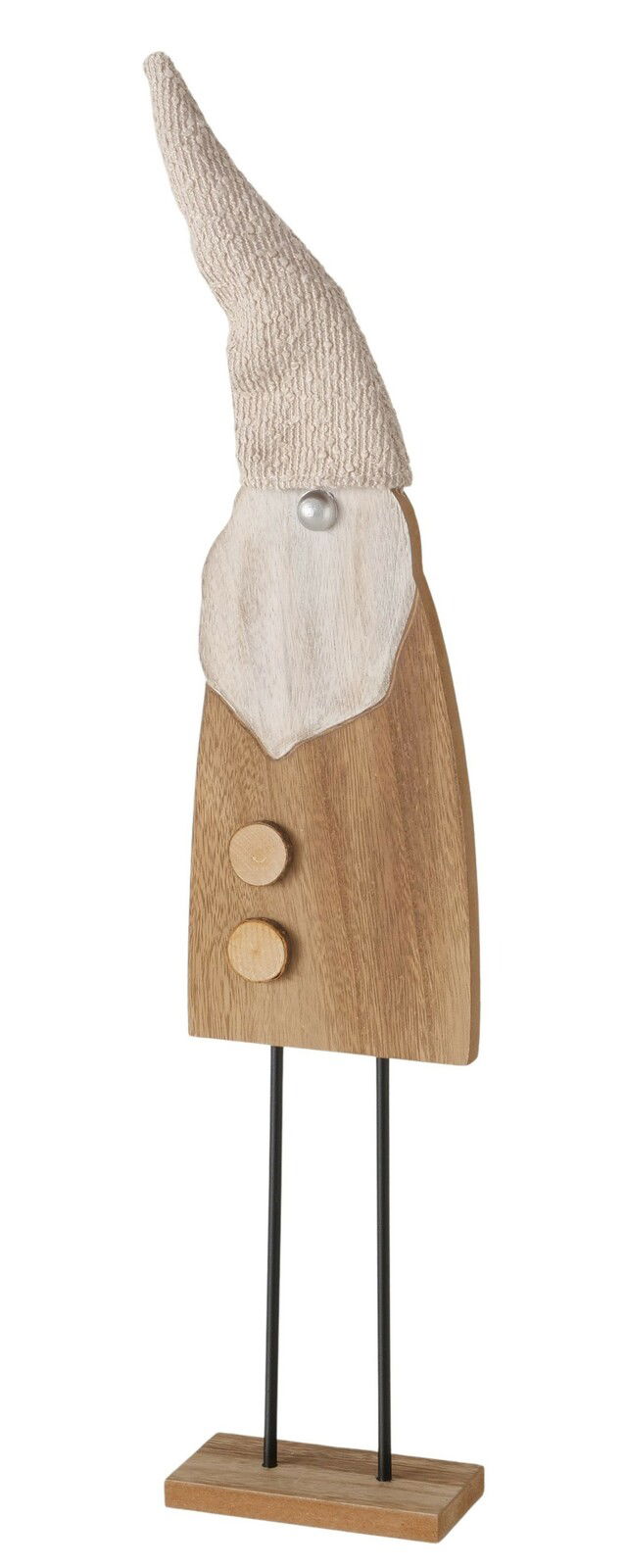 Holzfigur eines Gnomes mit gestrickter Mütze und Bart, frontalansicht