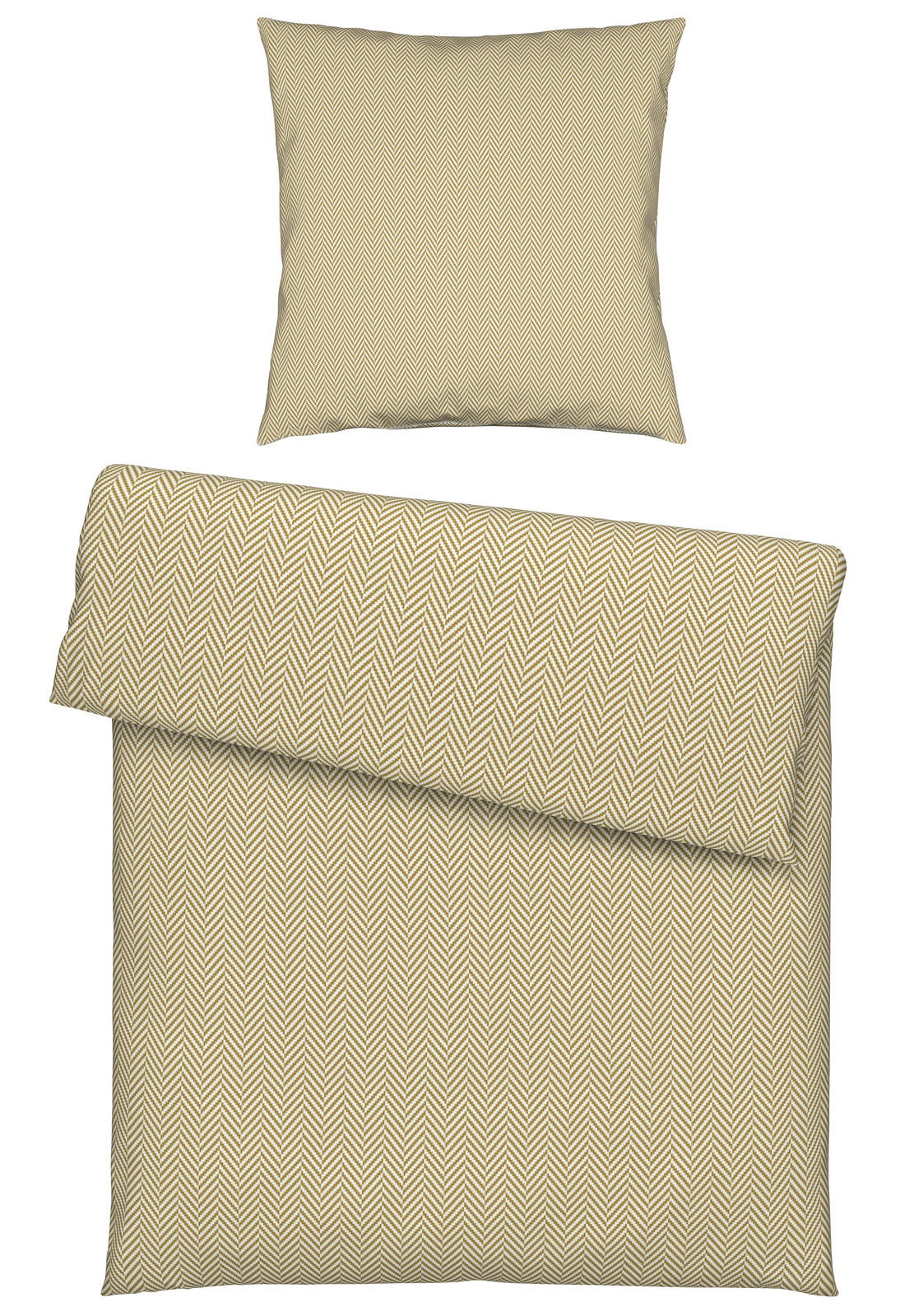 Novel Bettwäsche Bettwäsche-Set in Beige mit Fischgrätenmuster, bestehend aus einem Kissenbezug und einem Bettdeckenbezug, aus der Vogelperspektive fotografiert.