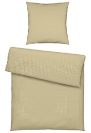 Bettwäsche-Set in Beige mit Fischgrätenmuster, bestehend aus einem Kissenbezug und einem Bettdeckenbezug, aus der Vogelperspektive fotografiert.