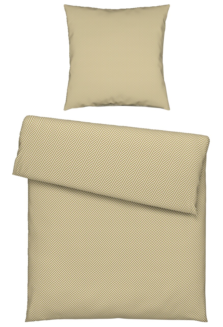 Bettwäsche-Set in Beige mit Fischgrätenmuster, bestehend aus einem Kissenbezug und einem Bettdeckenbezug, aus der Vogelperspektive fotografiert.