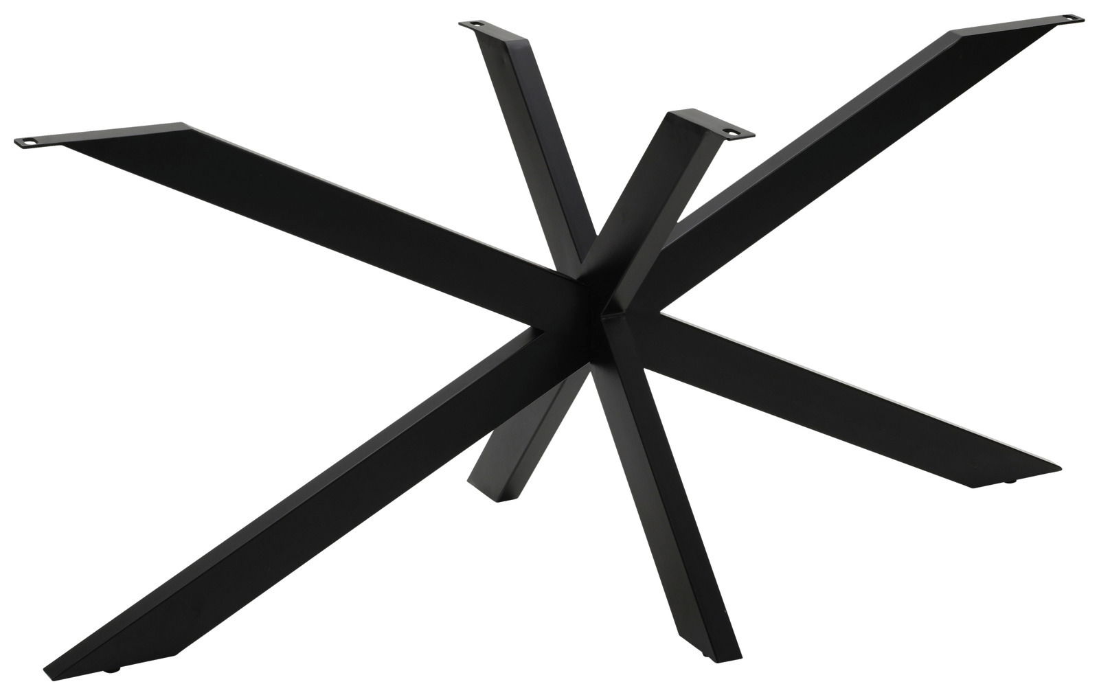 Schwarzes Metallgestell eines Esstisches in sternförmigem Design, seitliche Perspektive