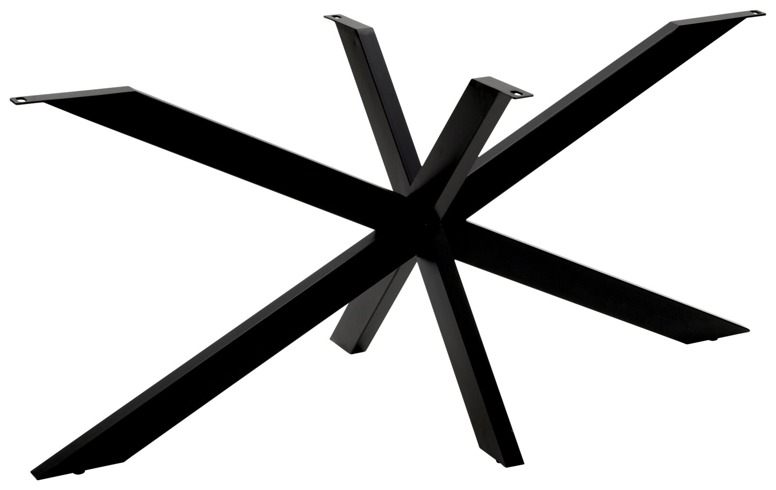 Schwarzes Metallgestell eines Esstisches in sternförmigem Design, seitliche Perspektive