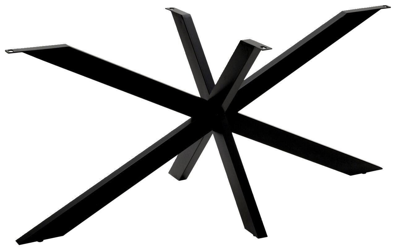 Schwarzes Metallgestell eines Esstisches in sternförmigem Design, seitliche Perspektive