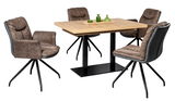 Moderner Esstisch mit vier gepolsterten Stühlen in braunem Stoff, schwarzem Metallgestell und Holzplatte, seitliche Perspektive.