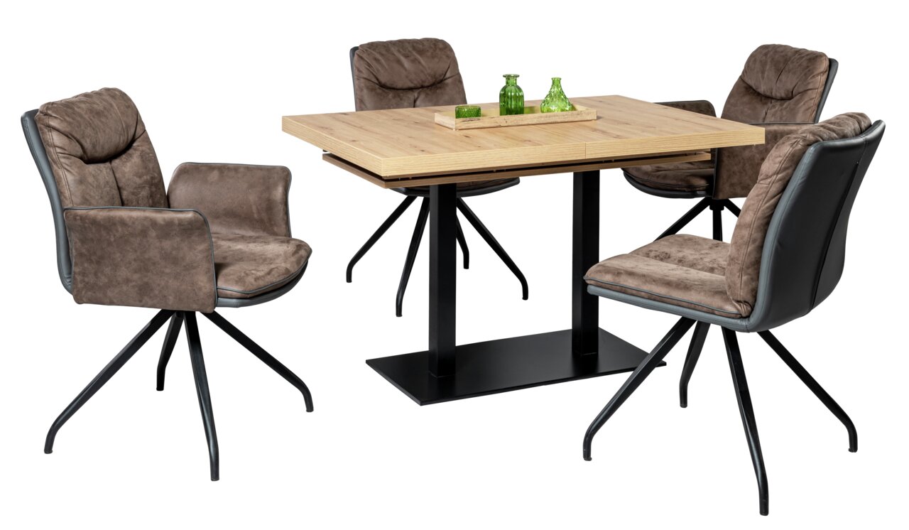 Moderner Esstisch mit vier gepolsterten Stühlen in braunem Stoff, schwarzem Metallgestell und Holzplatte, seitliche Perspektive.