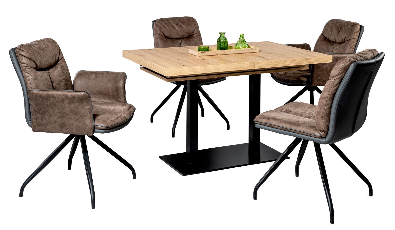 Moderner Esstisch mit vier gepolsterten Stühlen in braunem Stoff, schwarzem Metallgestell und Holzplatte, seitliche Perspektive.