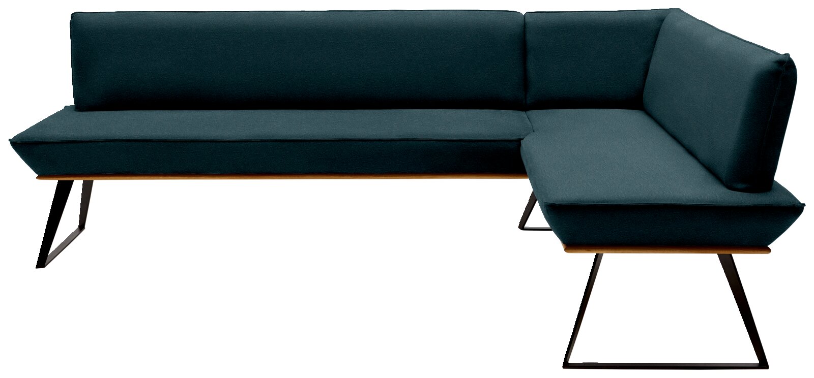 Hoekbank met donkergroene stoffen bekleding en een zwart metalen frame, gezien van voren