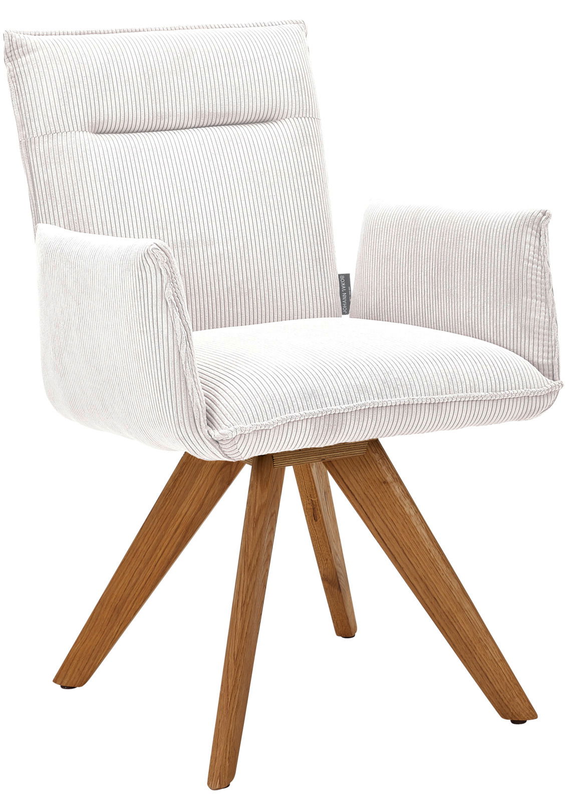 Moderner Armlehnstuhl mit hellem Stoffbezug und Holzbeinen, seitliche Perspektive