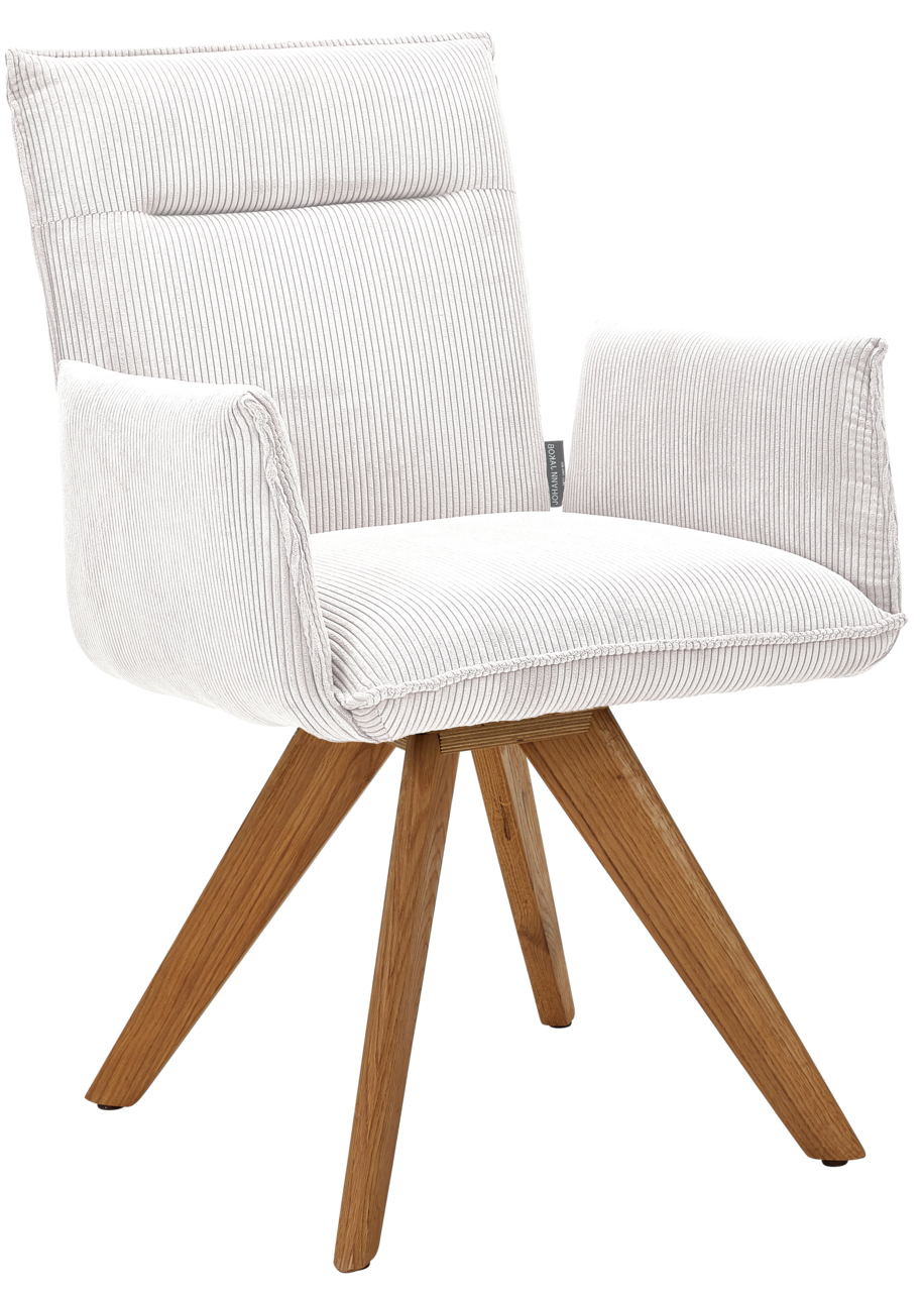 Johann Jakob Armlehnstuhl CALAS Moderner Armlehnstuhl mit hellem Stoffbezug und Holzbeinen, seitliche Perspektive