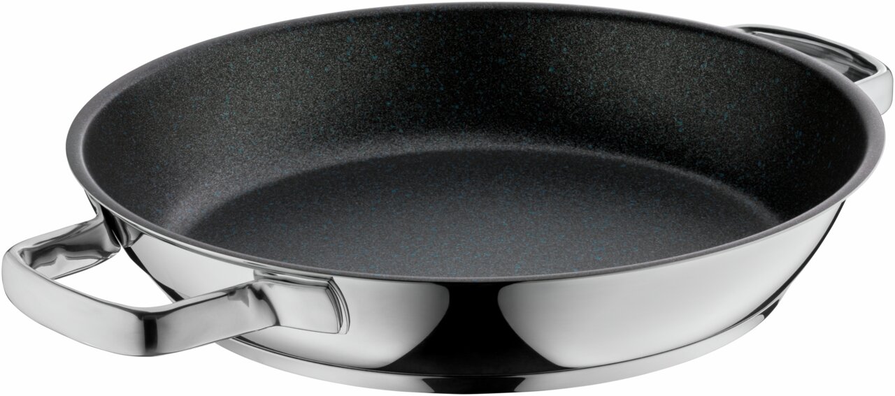 Hochwertige Servierpfanne mit Antihaftbeschichtung, seitliche Perspektive