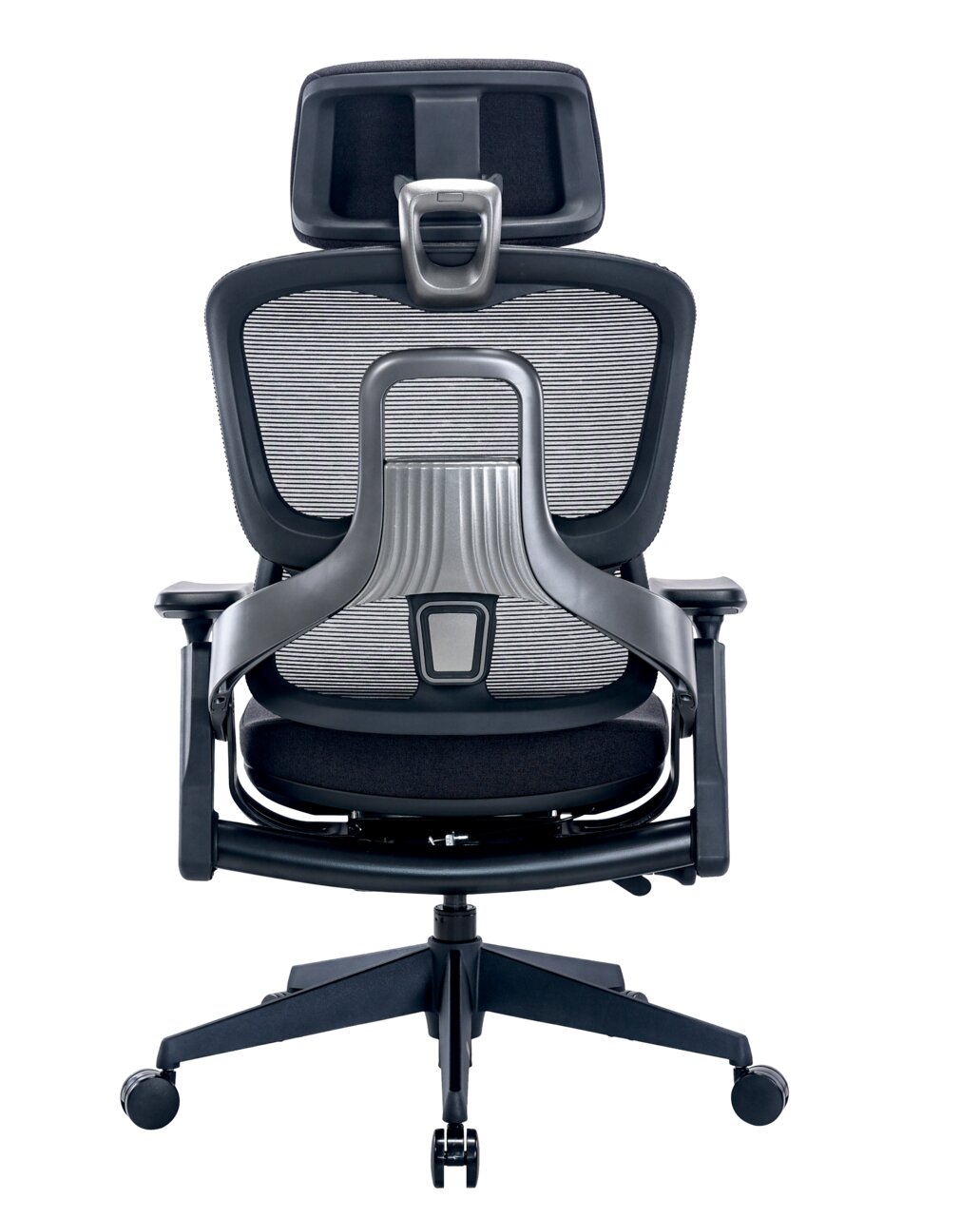 Ergonomischer Drehstuhl mit Netzrückenlehne und Kopfstütze, Ansicht von hinten