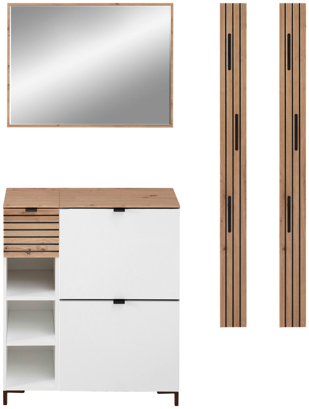 Garderoben-Set in Weiß mit Holzdetails, bestehend aus einem Spiegel, einem Schrank mit offenen Fächern und zwei vertikalen Paneelen. Frontalansicht.