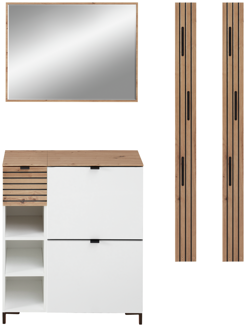 Voleo Garderoben-Set DIANA Garderoben-Set in Weiß mit Holzdetails, bestehend aus einem Spiegel, einem Schrank mit offenen Fächern und zwei vertikalen Paneelen. Frontalansicht.
