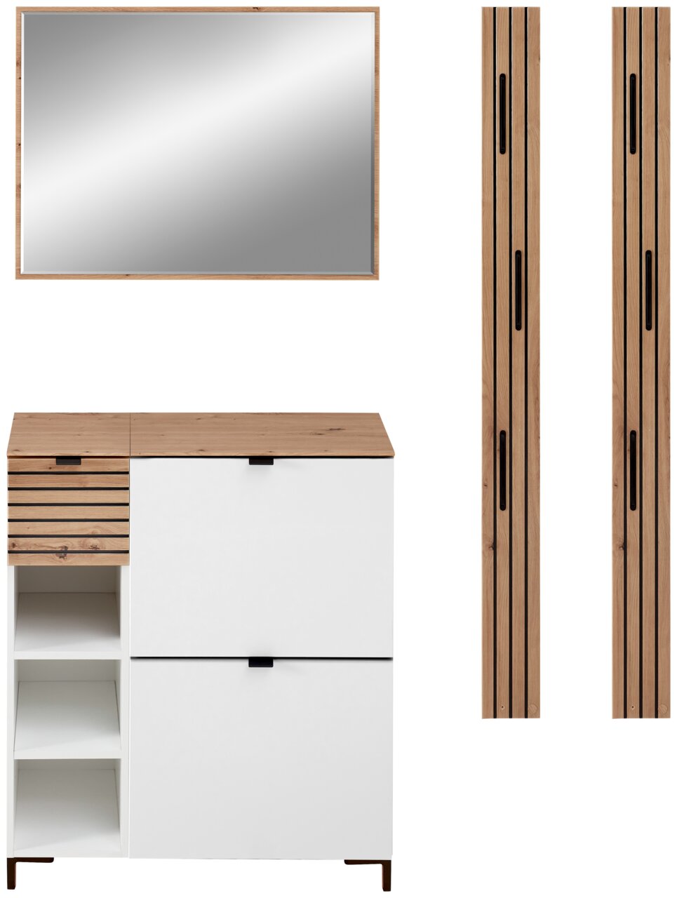 Garderobenset in wit met houten details, bestaande uit een spiegel, een kast met open vakken en twee verticale panelen. Vooraanzicht.