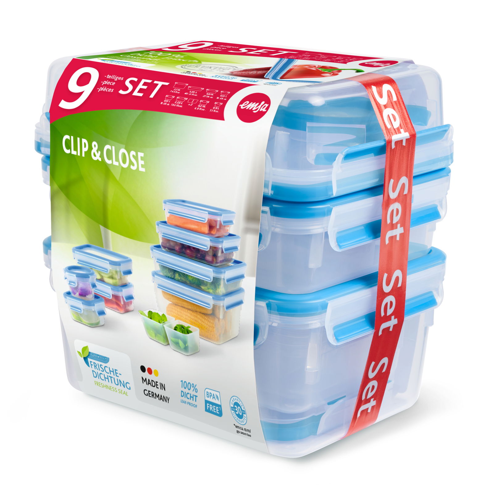 Frischhaltedosen 9er-Set mit blauen Verschlüssen, stapelbar und auslaufsicher, seitliche Perspektive