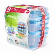 Frischhaltedosen 9er-Set mit blauen Verschlüssen, stapelbar und auslaufsicher, seitliche Perspektive