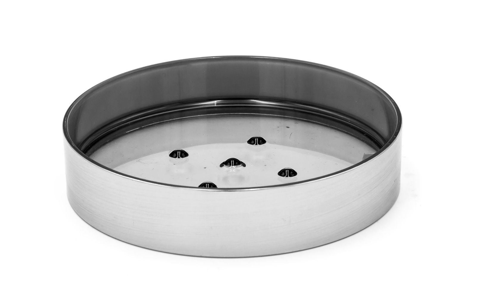 Runde Seifenschale Cindy in Titanfarbe, aus seitlicher Perspektive fotografiert.