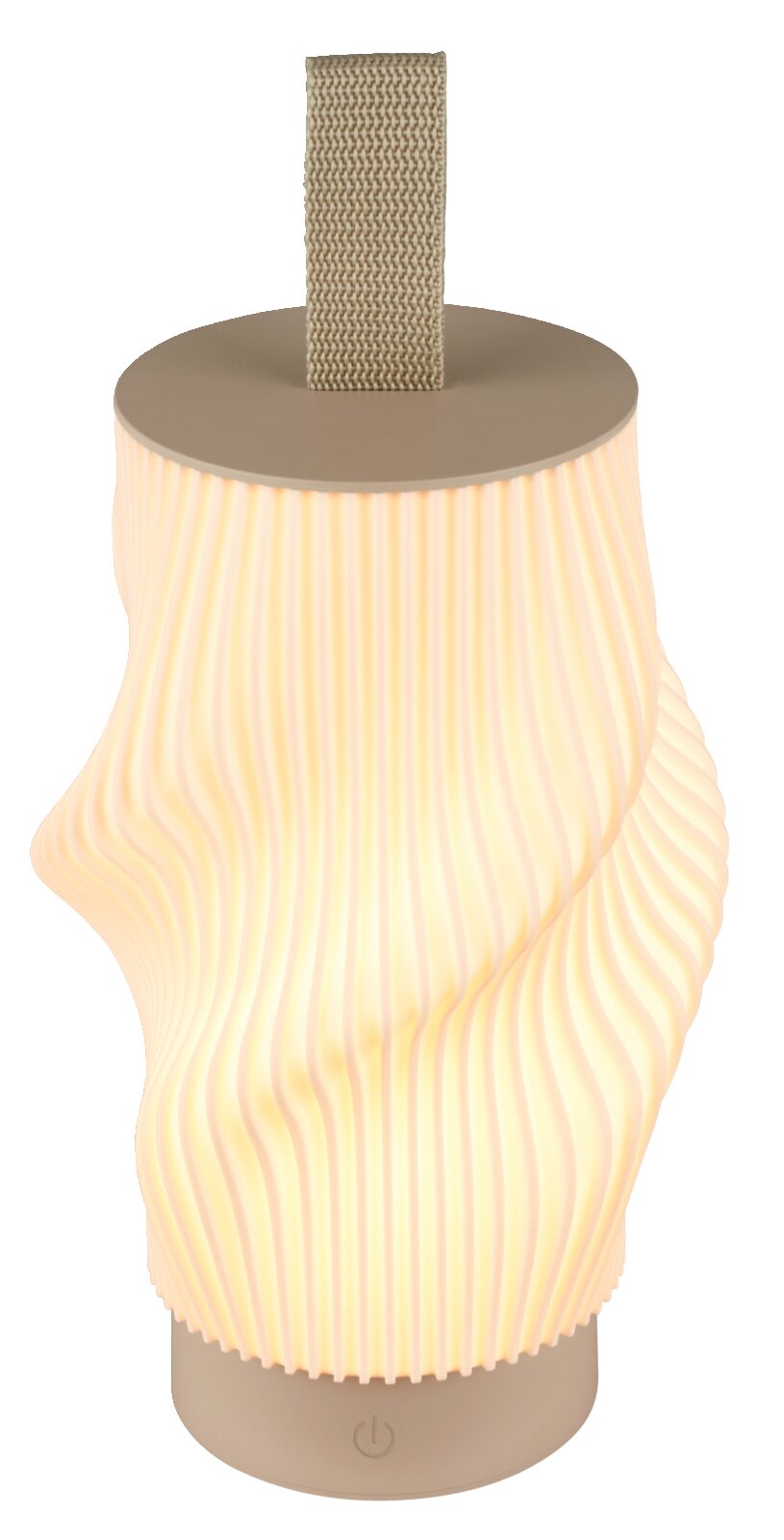 Briloner Akku-Tischleuchte BRILO UNPLUGGED Warmweiß leuchtende, wellenförmige LED-Tischlampe mit geriffeltem Diffusor, beigefarbenem Deckel und Trageschlaufe, frontale Ansicht leicht von oben