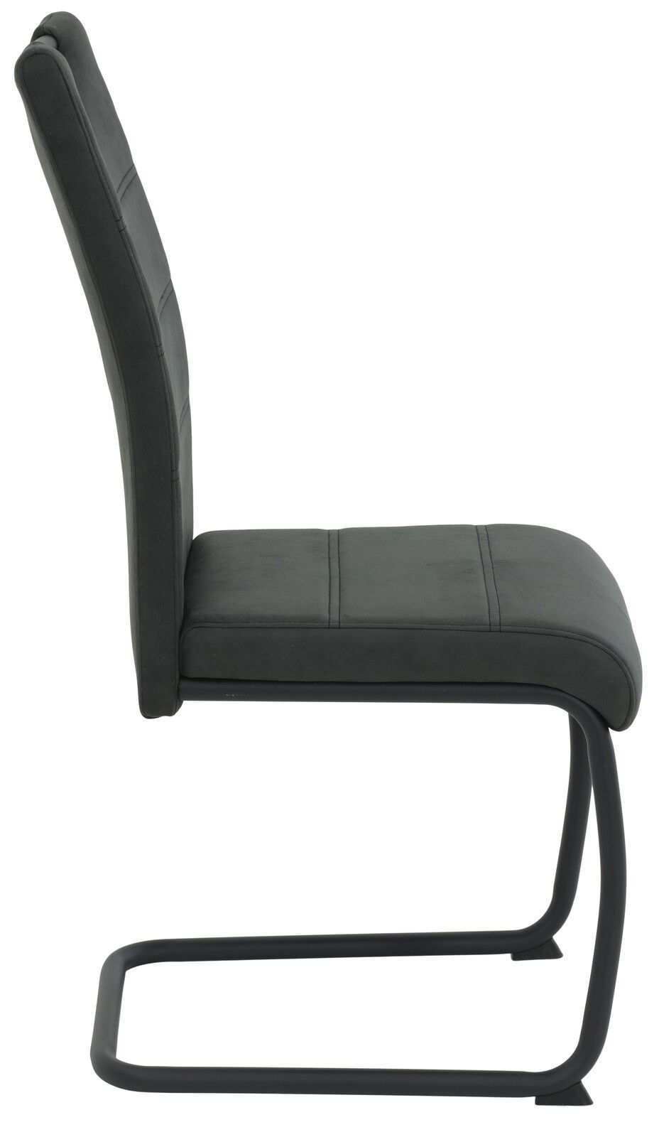 Seitenansicht eines modernen Schwingstuhls mit schwarzem Polster und Metallgestell.