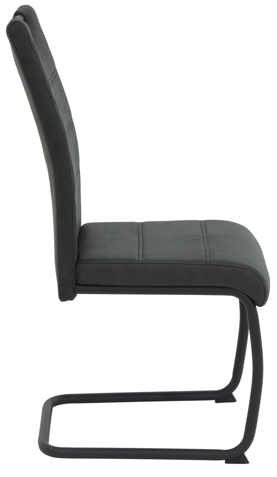 Seitenansicht eines modernen Schwingstuhls mit schwarzem Polster und Metallgestell.