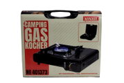 Frontalansicht der Verpackung eines schwarzen Kynast Camping-Gaskochers mit Piezozündung und Kunststoffkoffer, Modell 401373