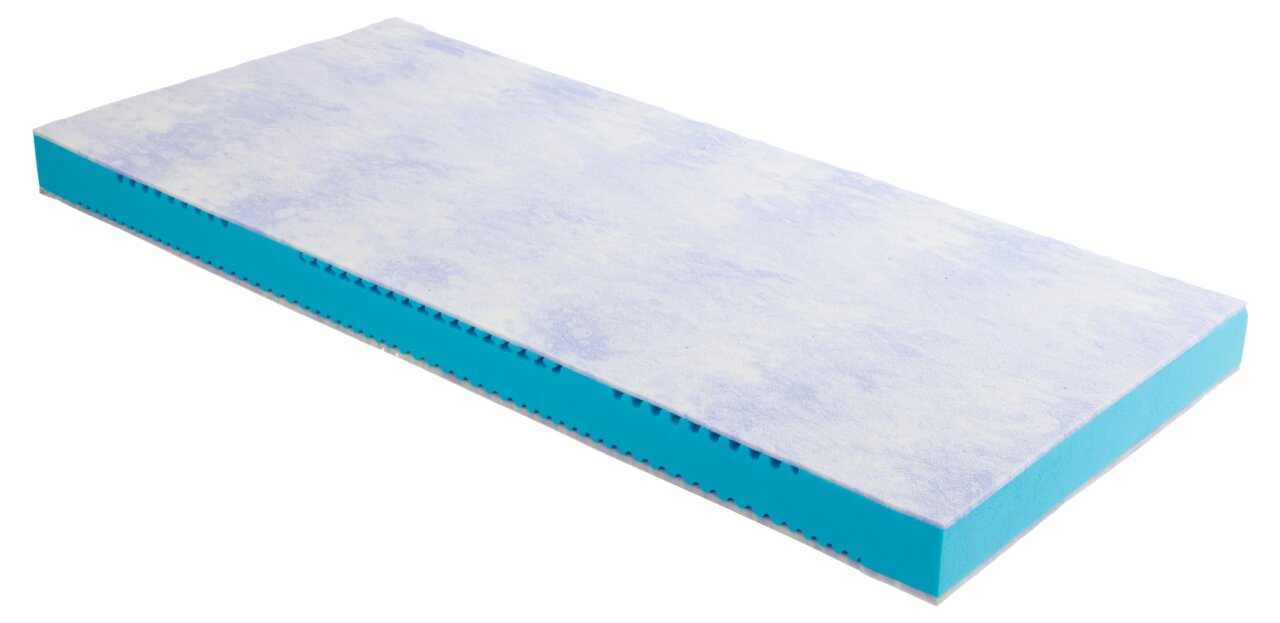 Matras van koudschuim met meerdere zones, gezien vanaf de zijkant, blauw-wit ontwerp