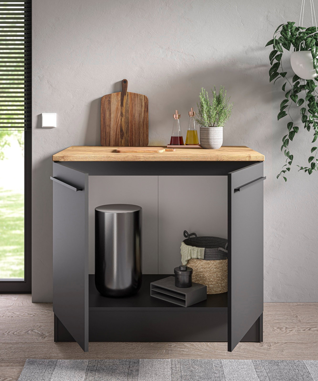 Moderner Spülenunterschrank mit geöffneter Tür, Holzarbeitsplatte und dekorativen Elementen, Frontalansicht.