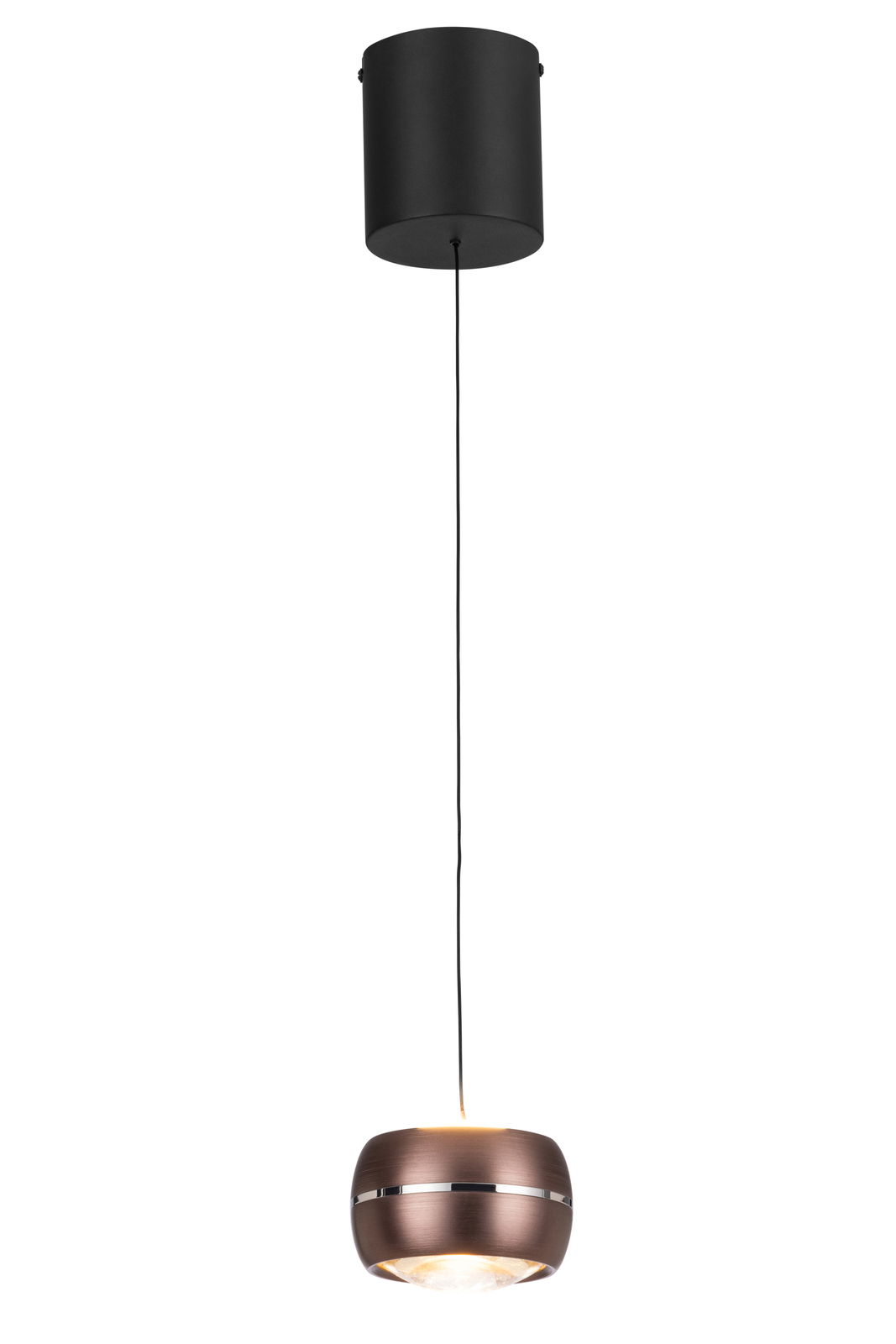 Moderne LED-Hängeleuchte in Kupferoptik, seitliche Perspektive