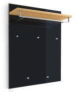 Garderobenpaneel mit schwarzer Rückwand und Holzablage, seitliche Perspektive
