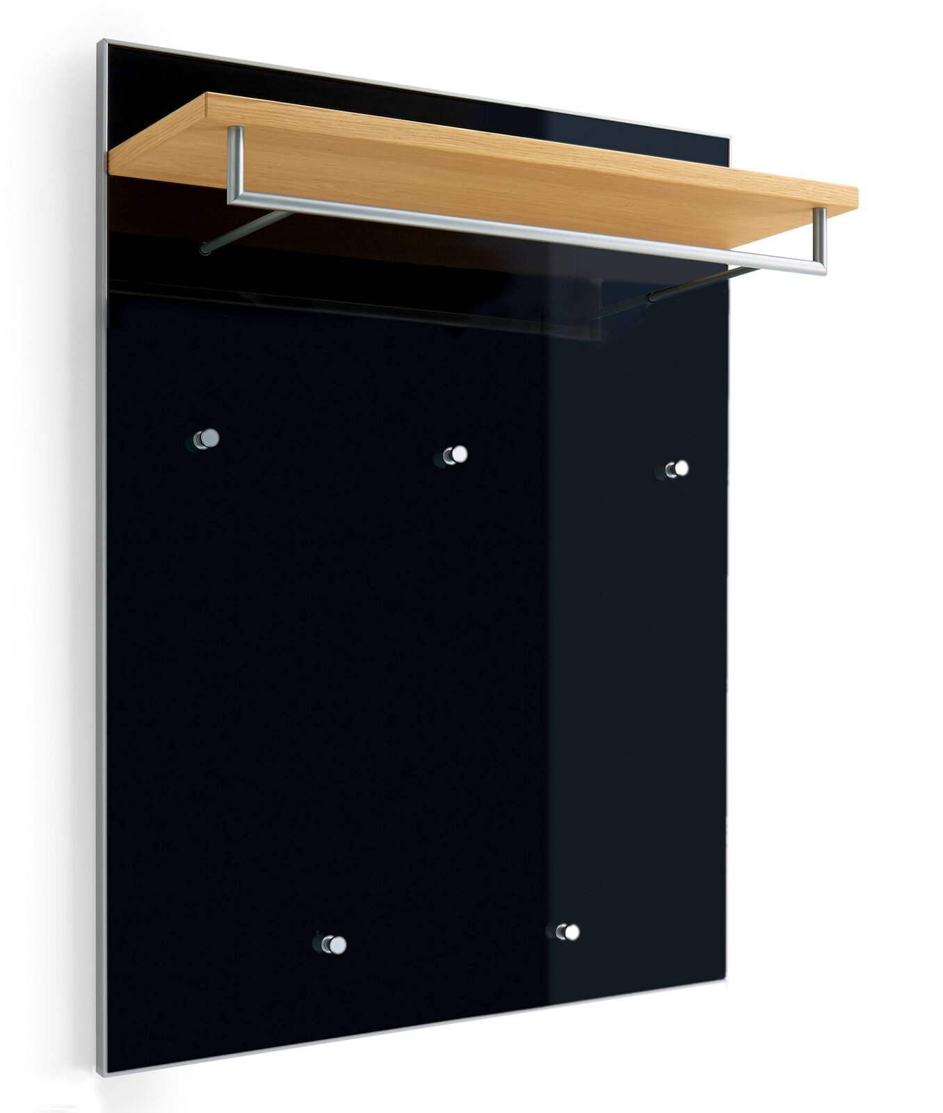 Garderobenpaneel mit schwarzer Rückwand und Holzablage, seitliche Perspektive