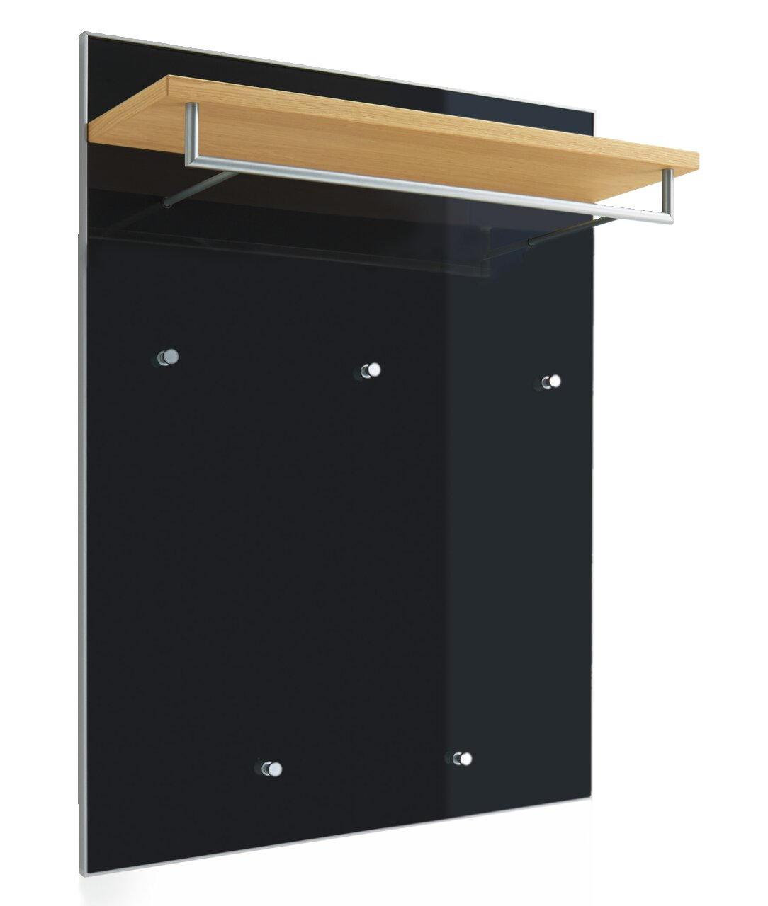 Garderobenpaneel mit schwarzer Rückwand und Holzablage, seitliche Perspektive