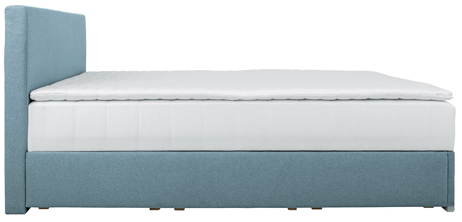 Seitliche Ansicht eines Boxspringbetts mit hellblauem Stoffbezug und weißer Matratze.