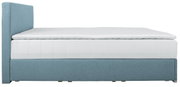 Seitliche Ansicht eines Boxspringbetts mit hellblauem Stoffbezug und weißer Matratze.