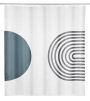 Duschvorhang mit modernem Design, zeigt geometrische Formen in Blau und Grau auf weißem Hintergrund, Frontalansicht.