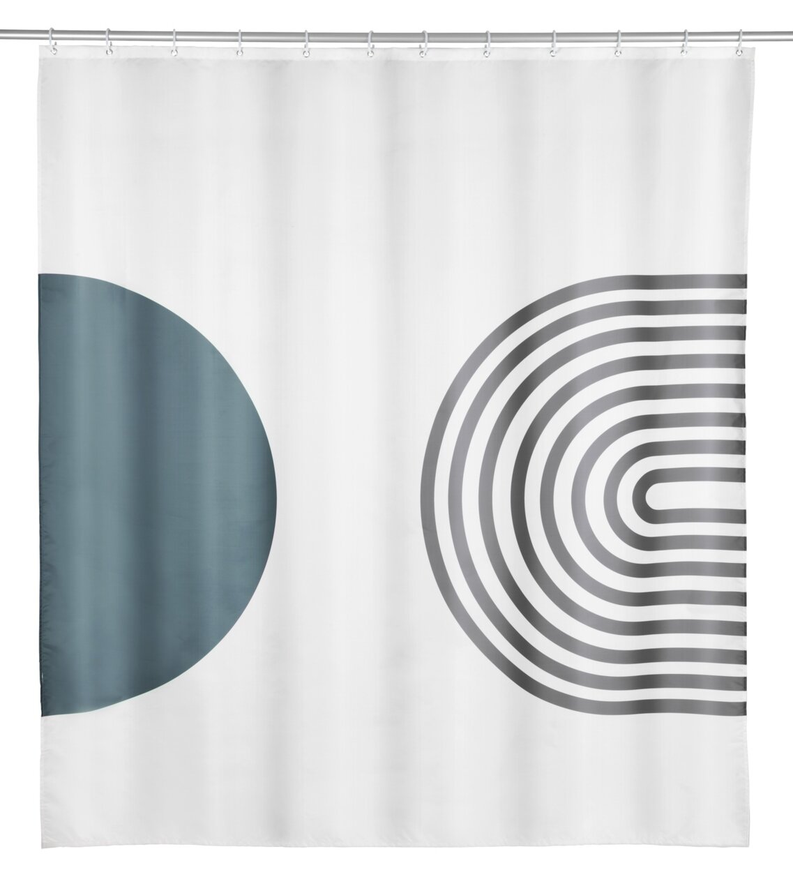 Duschvorhang mit modernem Design, zeigt geometrische Formen in Blau und Grau auf weißem Hintergrund, Frontalansicht.
