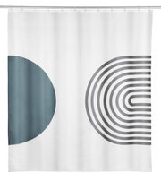 Douchegordijn met een modern ontwerp, met geometrische vormen in blauw en grijs op een witte achtergrond, vooraanzicht.