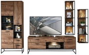 Moderne Wandkombination aus Holz und Metall mit Schränken, Regalen und TV-Element, frontal betrachtet.