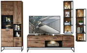 Moderne Wandkombination aus Holz und Metall mit Schränken, Regalen und TV-Element, frontal betrachtet.