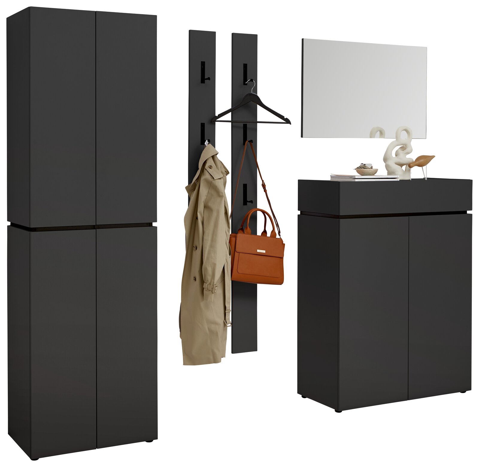 Garderobenschrank-Set in dunklem Design, bestehend aus einem hohen Schrank, zwei Wandpaneelen mit Haken, einem Spiegel und einem niedrigen Schrank, frontal betrachtet.